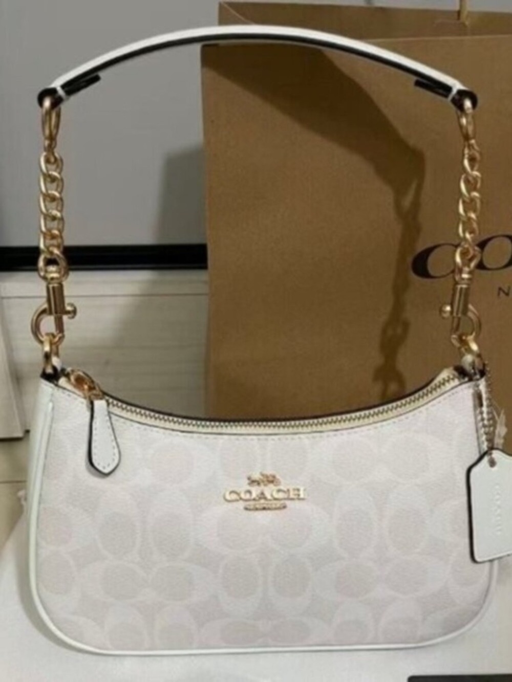 GoodCoach White Signature Canvas Shoulder Bag with Gold Hardware